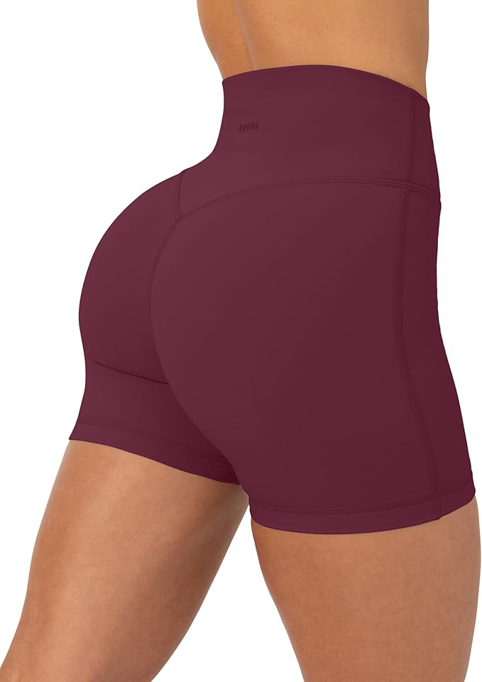 Woman wearing PAVOI ACTIVE Yoga Shorts in Bordeaux color.