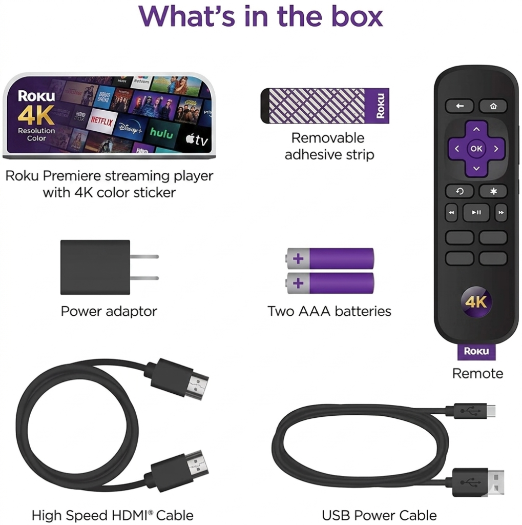 Roku Premiere 4K HDR Streaming Player box and contents included
