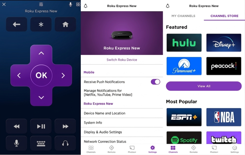 Roku mobile app interface for remote control and private listening
