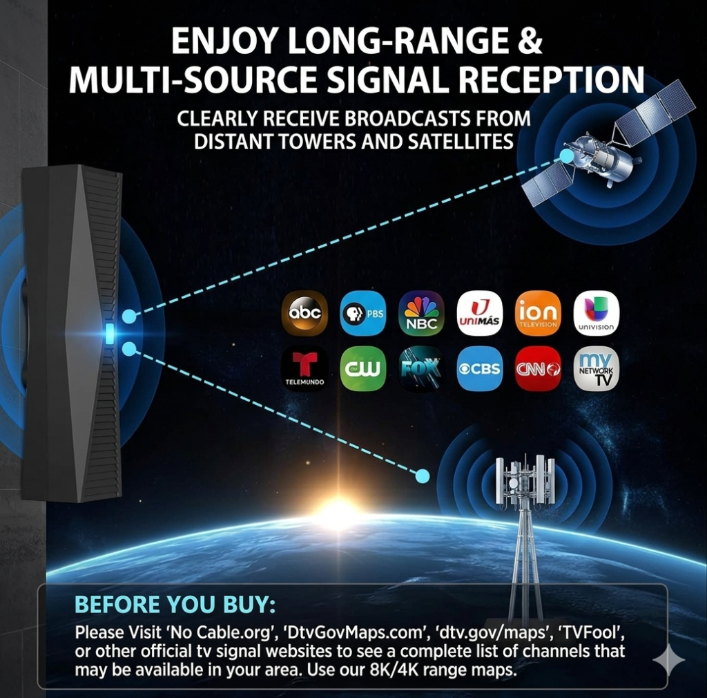 2025 Upgraded Long Range Digital TV Antenna signal reception with 360 degree coverage