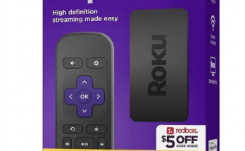 Roku Express HD box and remote showing 1080p streaming features