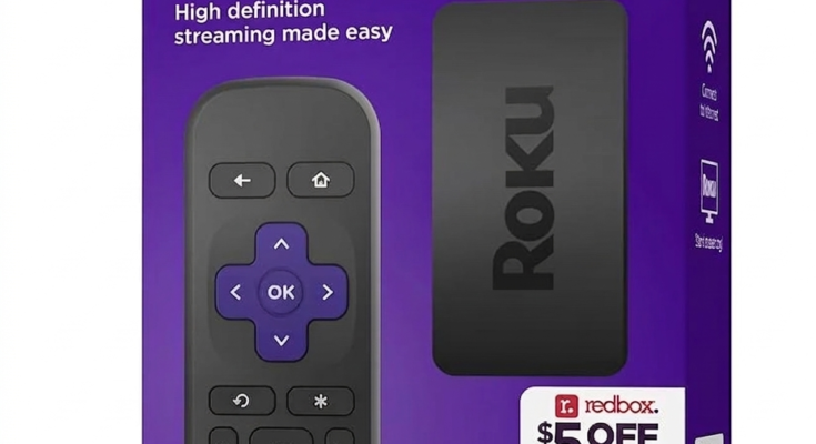 Roku Express HD box and remote showing 1080p streaming features