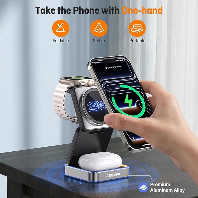 User taking iPhone off the Augnner 25W 3-in-1 magnetic charging station with one hand⁠